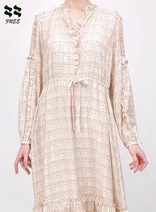 Ruffled check print long sleeve midi dress Front Detail