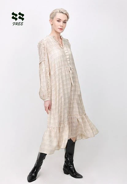 Ruffled Check Print Long Sleeve Midi Dress Supplier