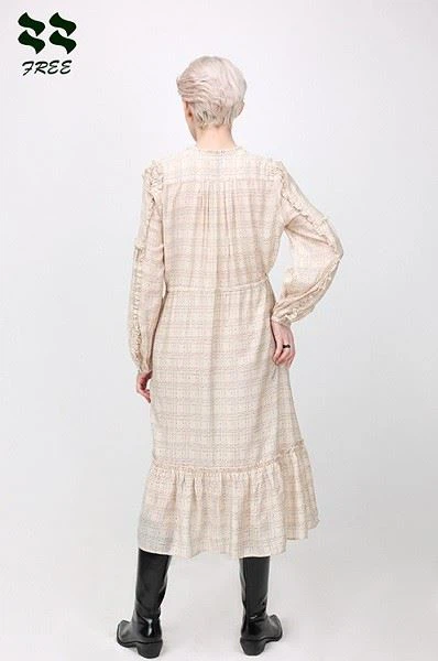 Ruffled Check Print Long Sleeve Midi Dress Supplier