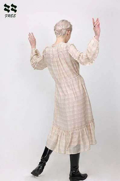 Ruffled Check Print Long Sleeve Midi Dress Supplier