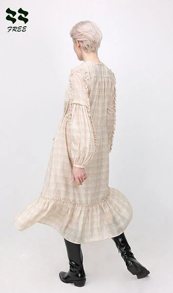 Ruffled Check Print Long Sleeve Midi Dress Supplier