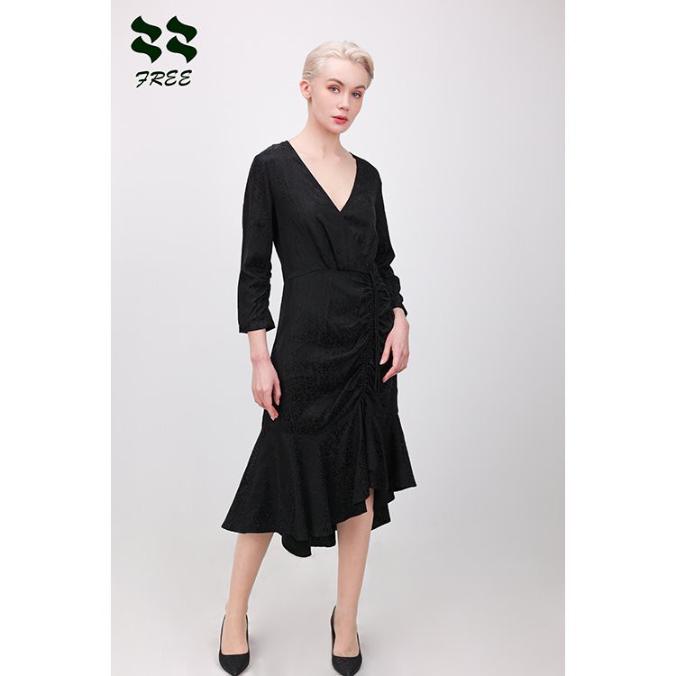 Summer Long Sleeve Slim Black Frilly Dress Asymmetric Hem