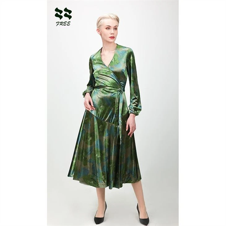 Womens Green Velvet Wrap Full Length Dress Long Sleeve
