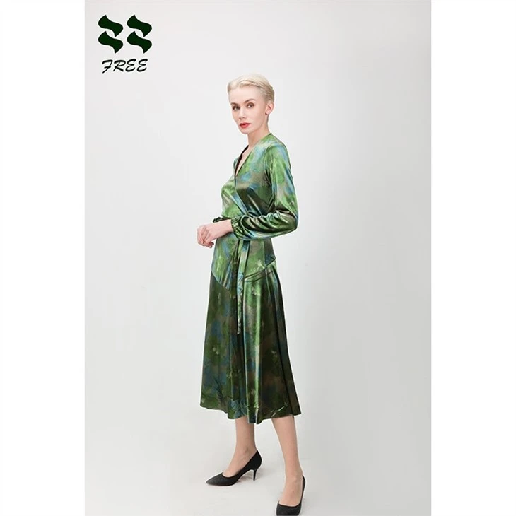 Womens Green Velvet Wrap Full Length Dress Long Sleeve
