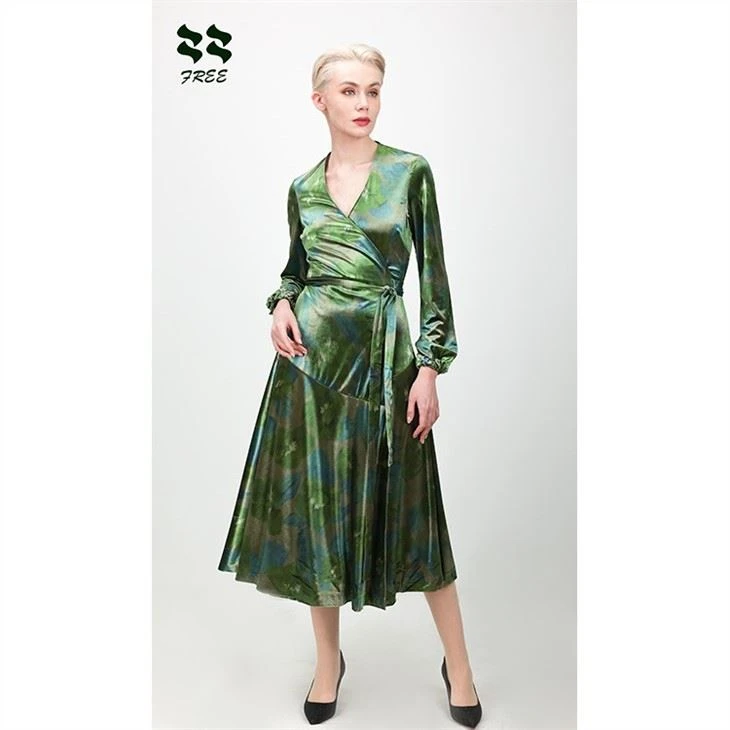 Womens Green Velvet Wrap Full Length Dress Long Sleeve